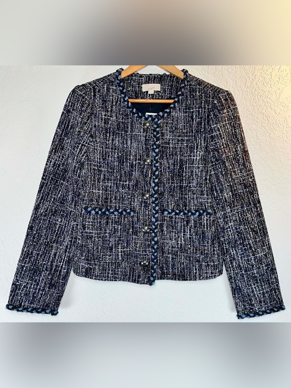 LOFT Navy Blended Tweed Collarless Blazer - Picture 3 of 6